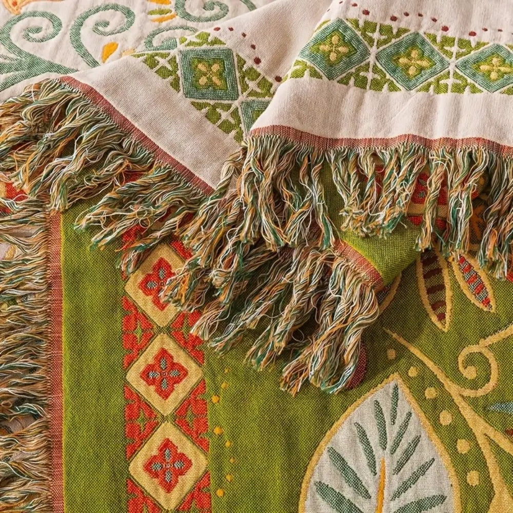 Reversible Boho Floral Throw Blanket with Tasseled Edges