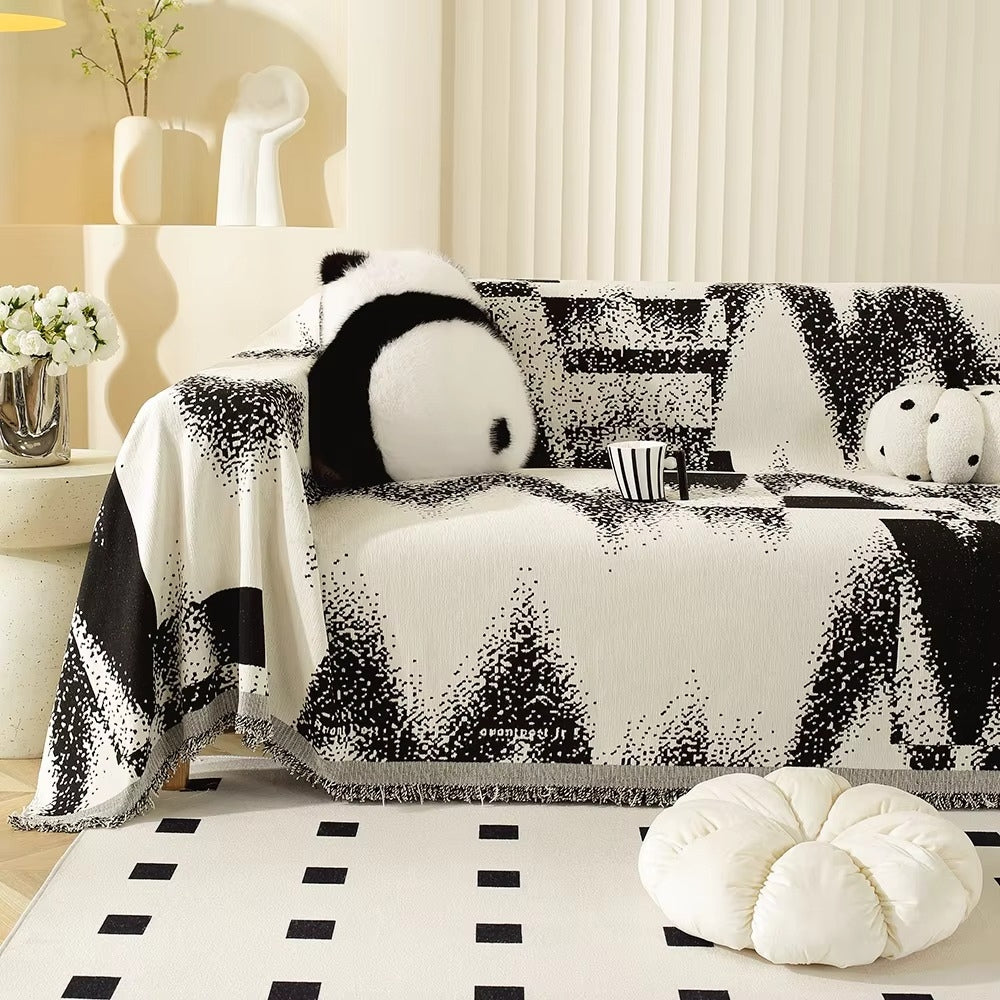 Abstract Chenille Sofa Cover with Fringed Edges