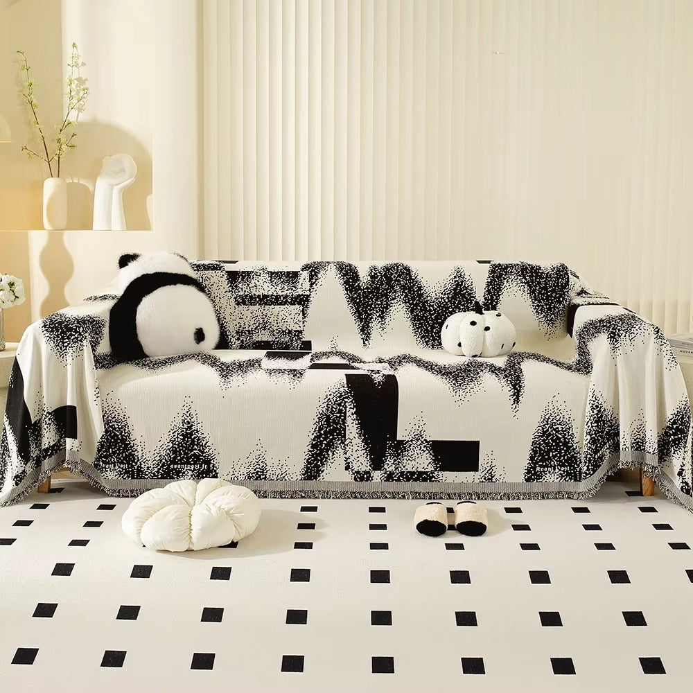 Abstract Chenille Sofa Cover with Fringed Edges