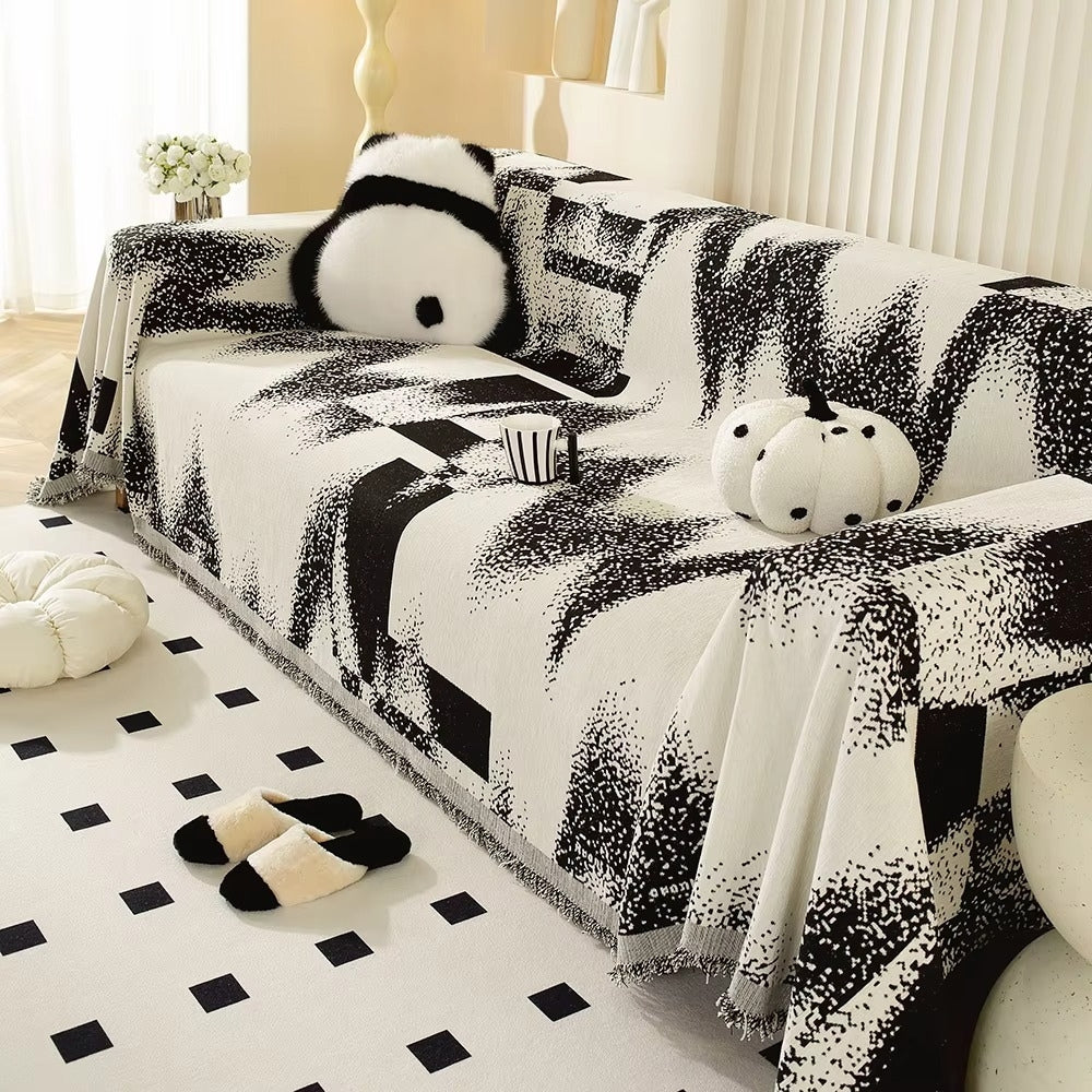 Abstract Chenille Sofa Cover with Fringed Edges