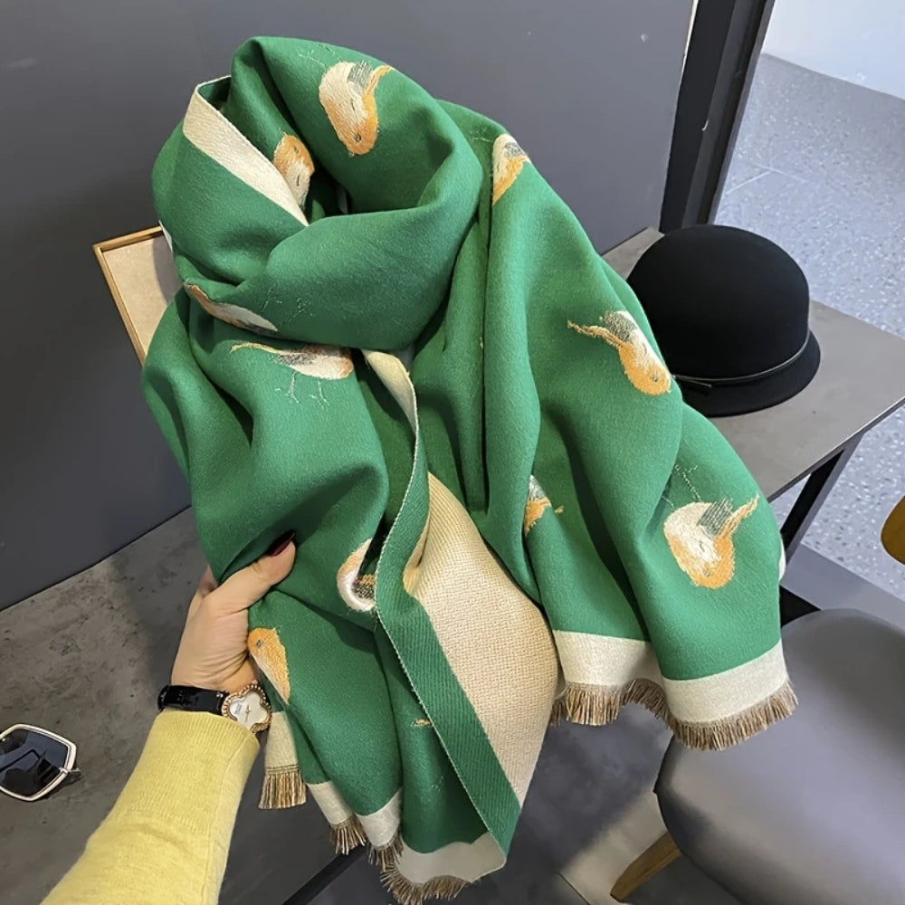 Bird Jacquard Shawl Scarf with Frayed Edges