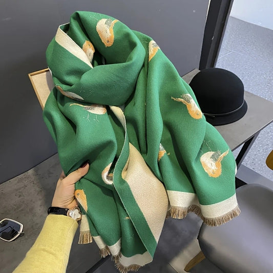 Bird Jacquard Shawl Scarf with Frayed Edges
