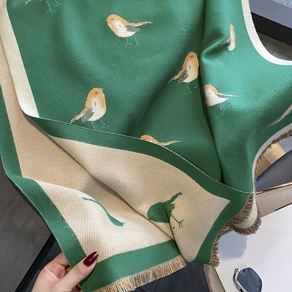 Bird Jacquard Shawl Scarf with Frayed Edges