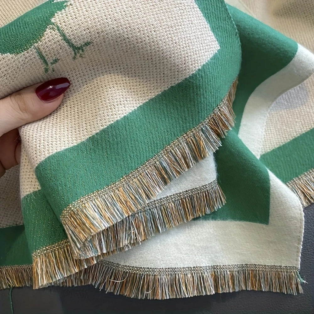 Bird Jacquard Shawl Scarf with Frayed Edges