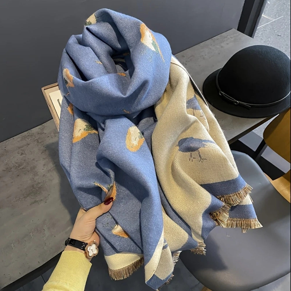 Bird Jacquard Shawl Scarf with Frayed Edges