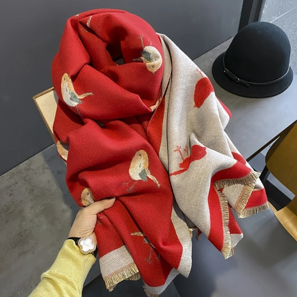 Bird Jacquard Shawl Scarf with Frayed Edges
