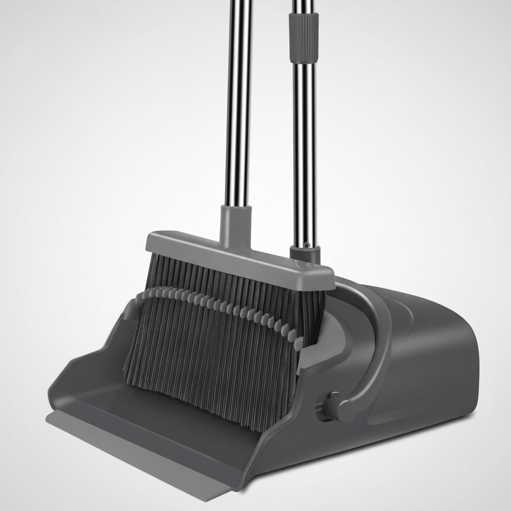 Self-Cleaning Broom and Dustpan Set with Adjustable Handle