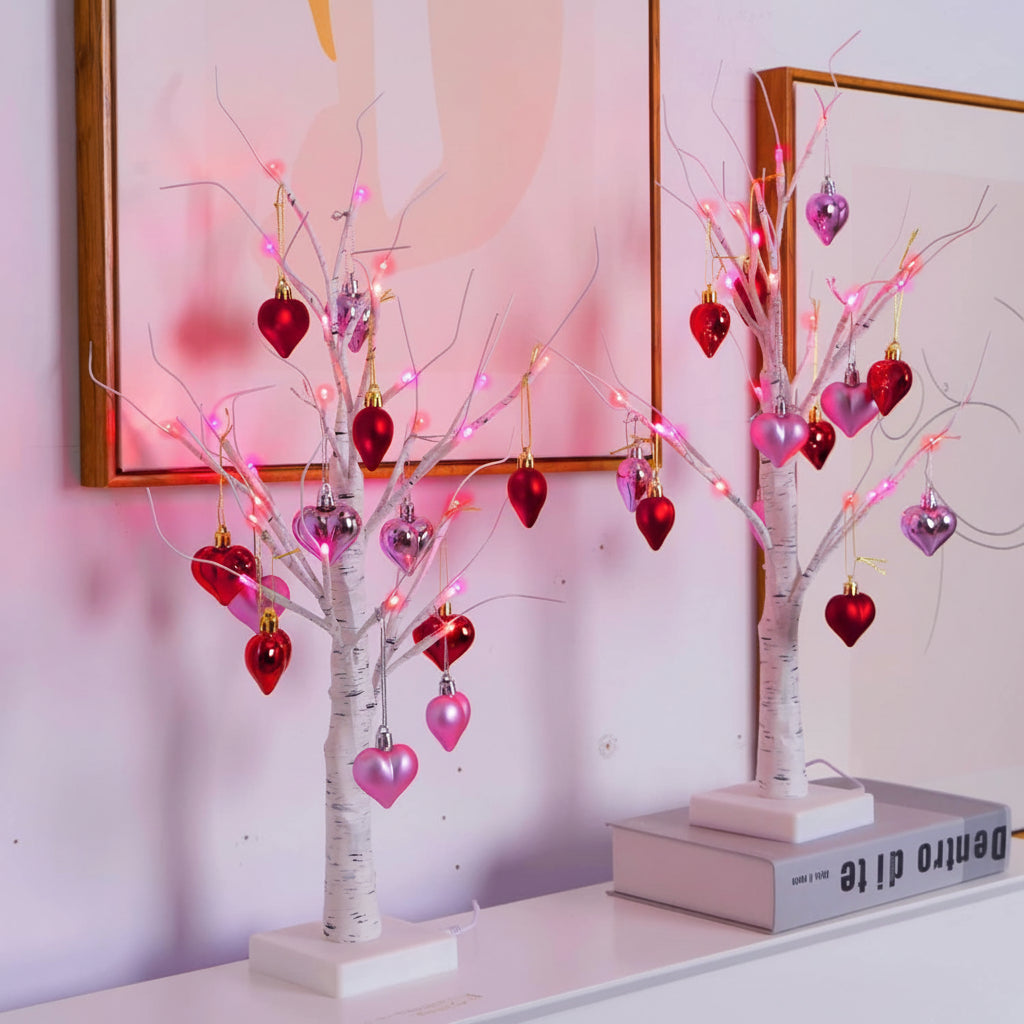 LED Birch Tree Table Lamp with Heart Ornaments