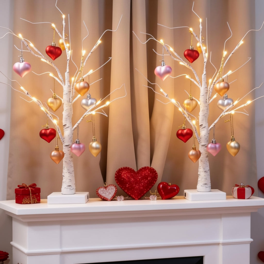 LED Birch Tree Table Lamp with Heart Ornaments