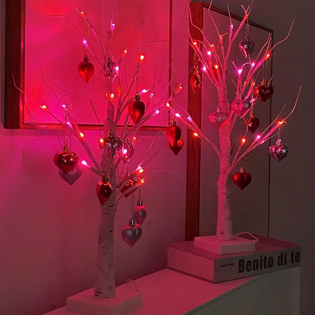 LED Birch Tree Table Lamp with Heart Ornaments