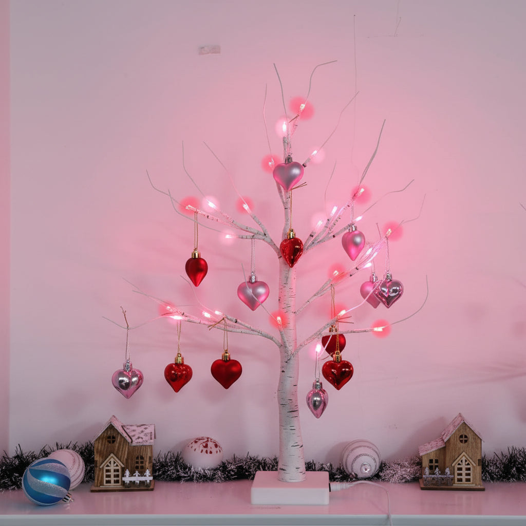 LED Birch Tree Table Lamp with Heart Ornaments