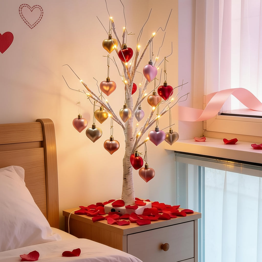 LED Birch Tree Table Lamp with Heart Ornaments