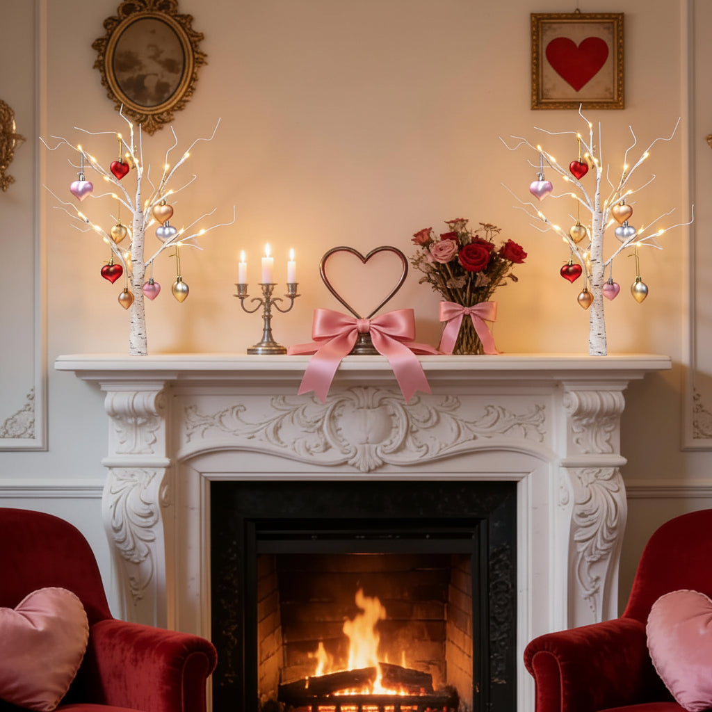 LED Birch Tree Table Lamp with Heart Ornaments
