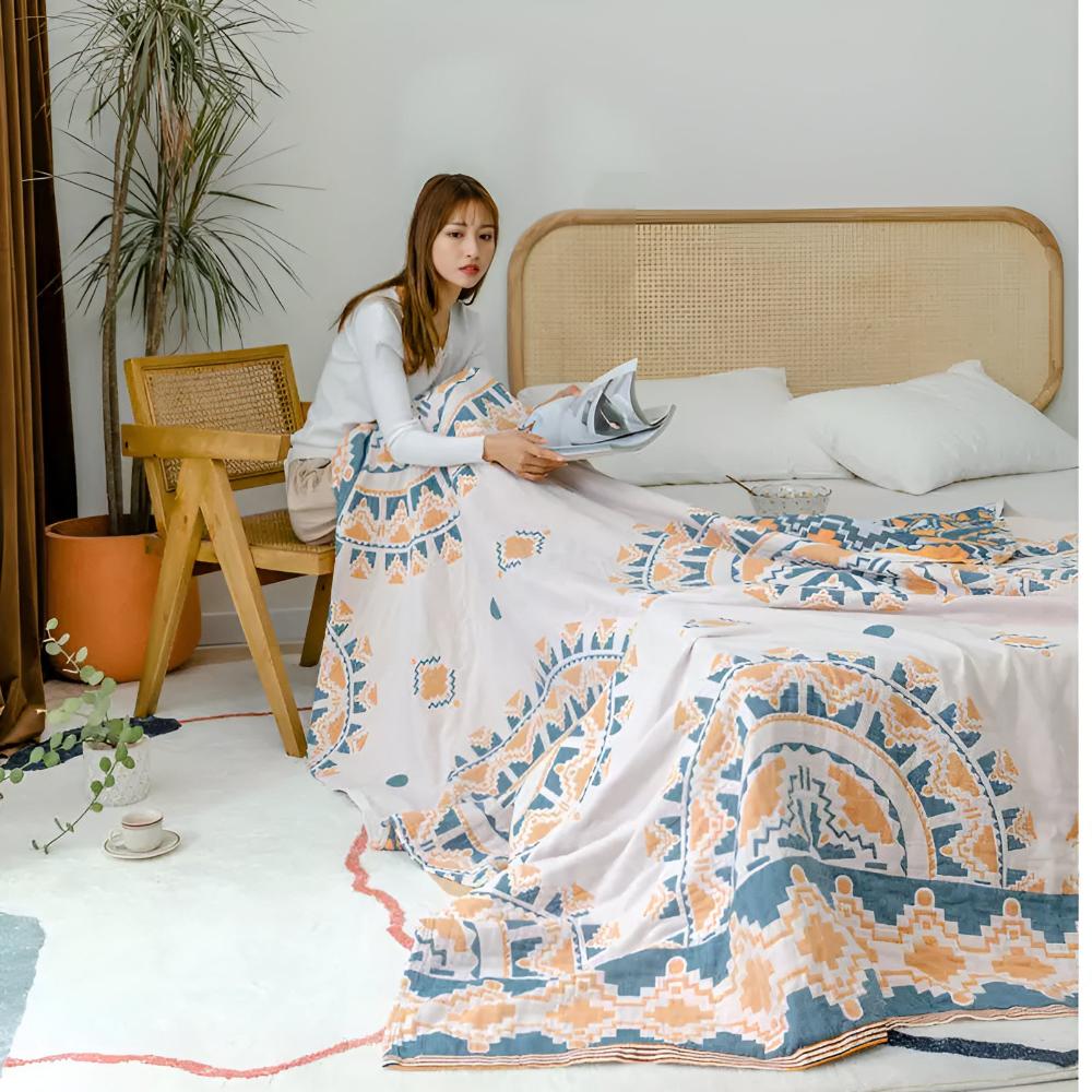 Lightweight Cotton Travel Blanket with Fringe Design