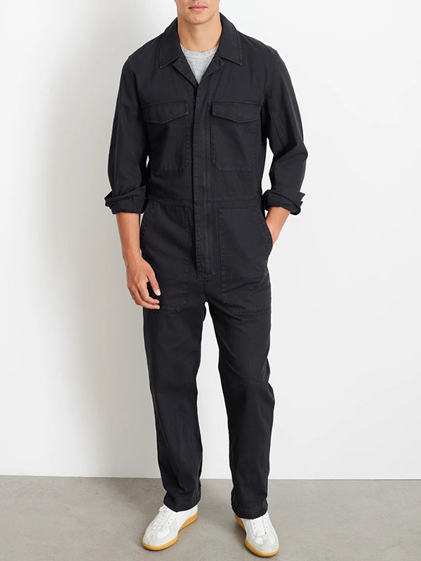 Men's Slim Fit Military Zip Jumpsuit in Cotton Herringbone