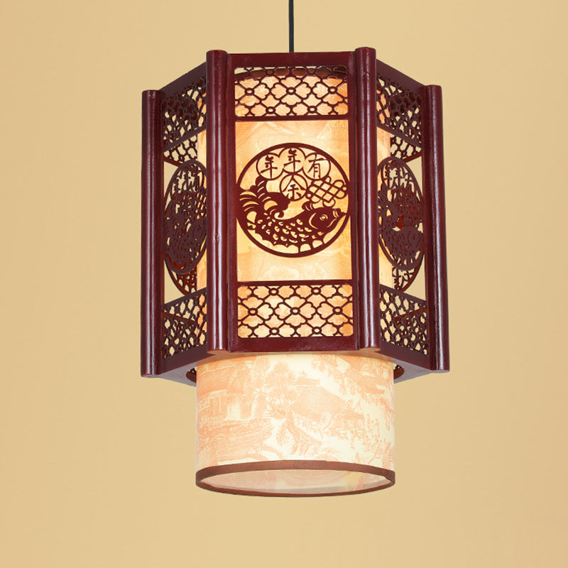 Traditional Chinese Carved Fish Pendant Lamp - 1-Light Hanging Light in Warm Brown