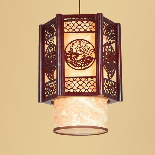 Traditional Chinese Carved Fish Pendant Lamp - 1-Light Hanging Light in Warm Brown