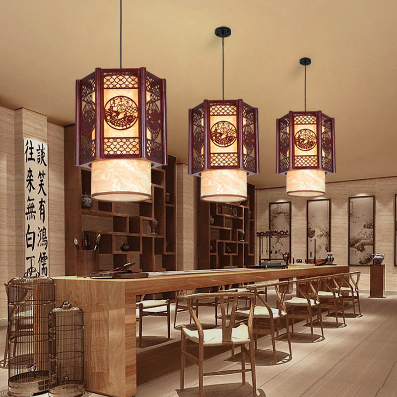Traditional Chinese Carved Fish Pendant Lamp - 1-Light Hanging Light in Warm Brown