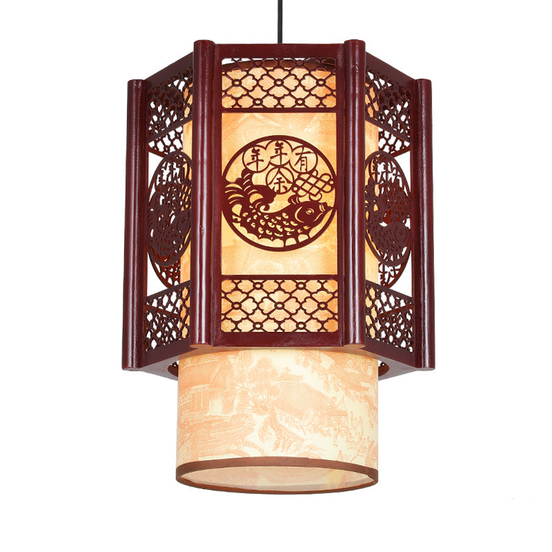 Traditional Chinese Carved Fish Pendant Lamp - 1-Light Warm Brown Hanging Light