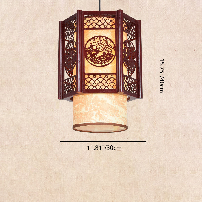 Traditional Chinese Carved Fish Pendant Lamp - 1-Light Warm Brown Hanging Light