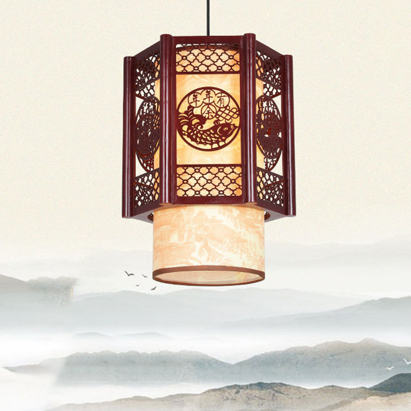 Traditional Chinese Carved Fish Pendant Lamp - 1-Light Warm Brown Hanging Light