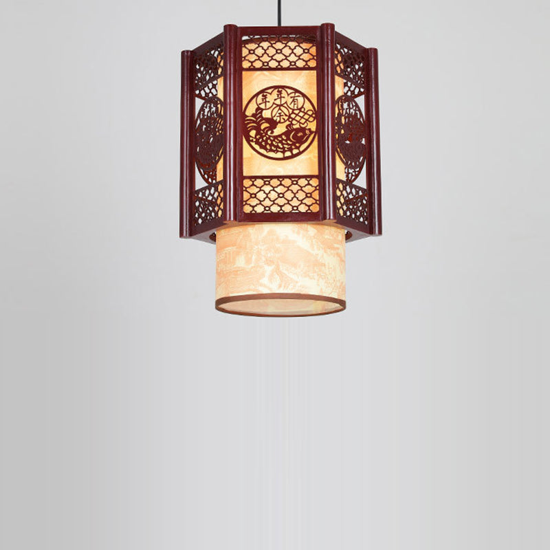 Traditional Chinese Carved Fish Pendant Lamp - 1-Light Hanging Light in Warm Brown