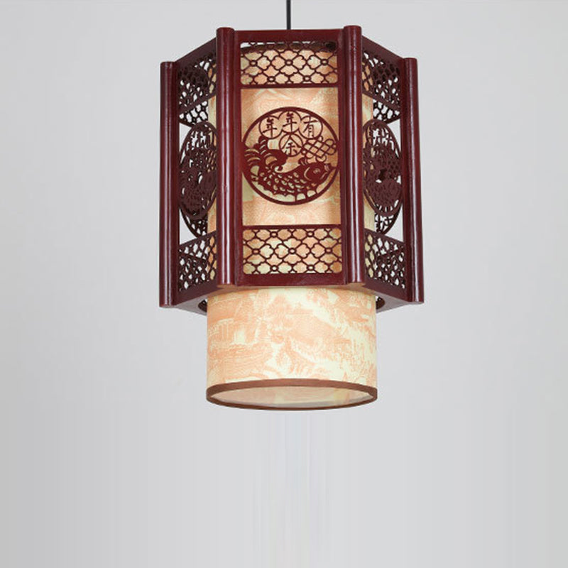 Traditional Chinese Carved Fish Pendant Lamp - 1-Light Hanging Light in Warm Brown