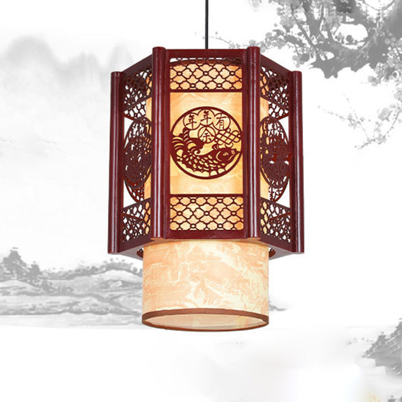Traditional Chinese Carved Fish Pendant Lamp - 1-Light Hanging Light in Warm Brown