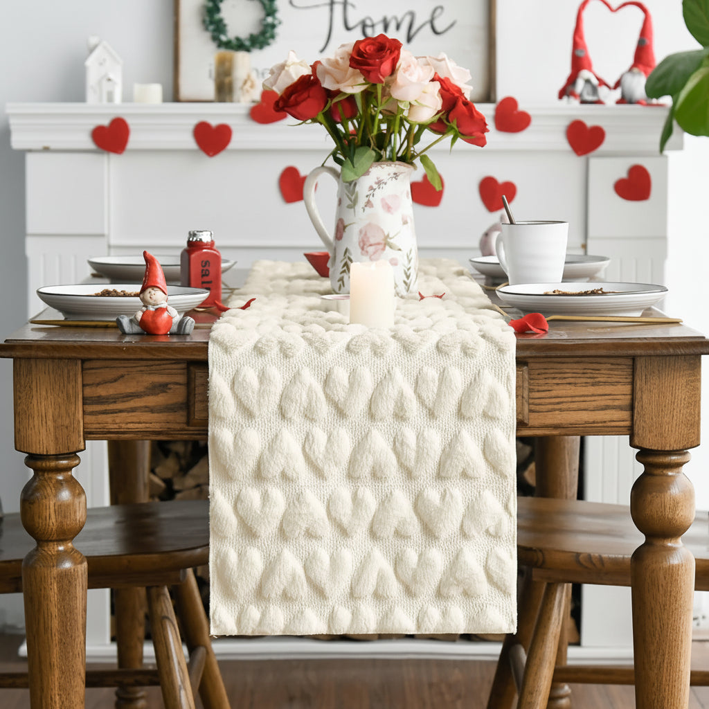 Pink Plush Jacquard Heart Table Runner for Valentine's Day