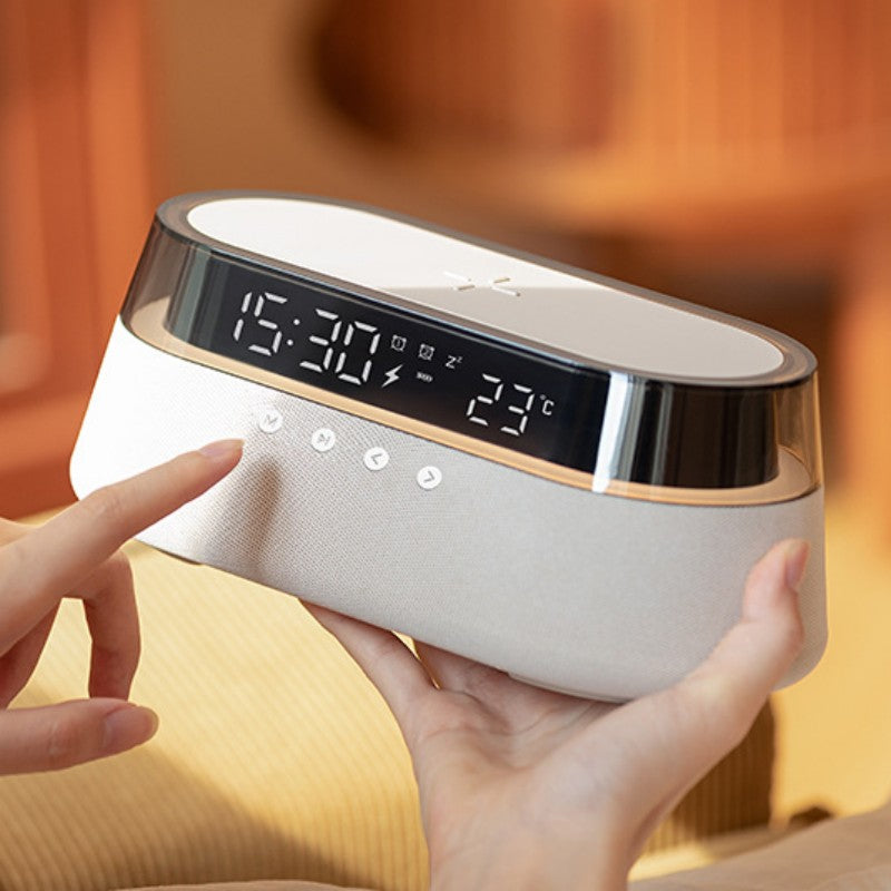 Wireless Charging Alarm Clock Bluetooth Speaker with Night Light and Temperature Display