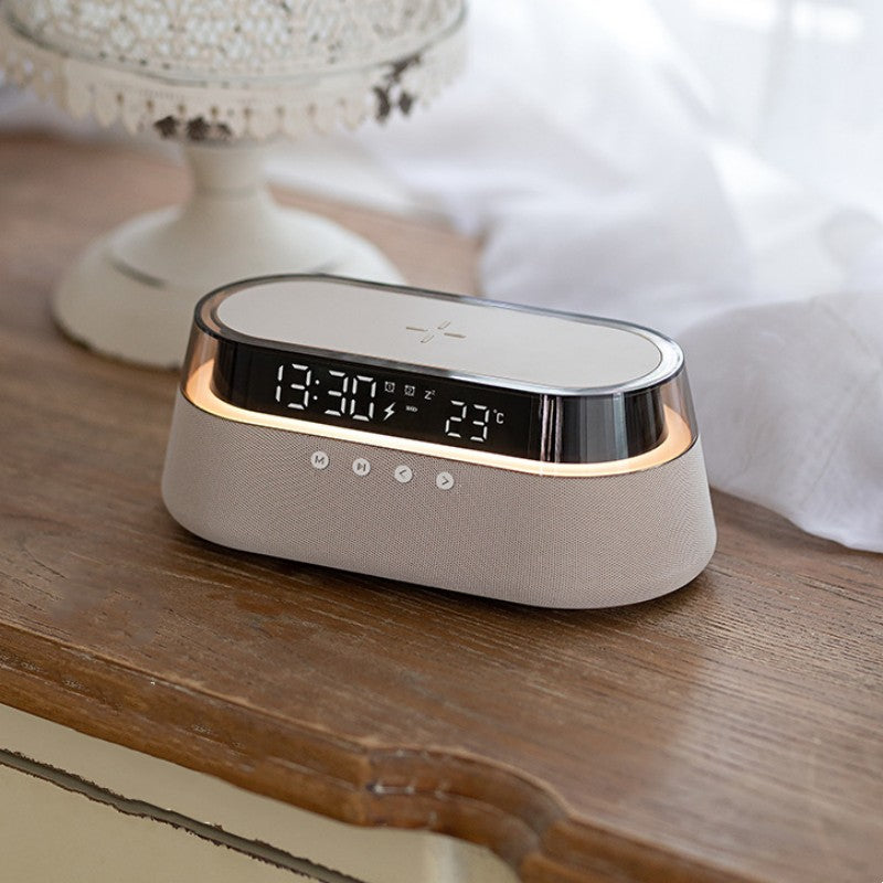 Wireless Charging Alarm Clock Bluetooth Speaker with Night Light and Temperature Display