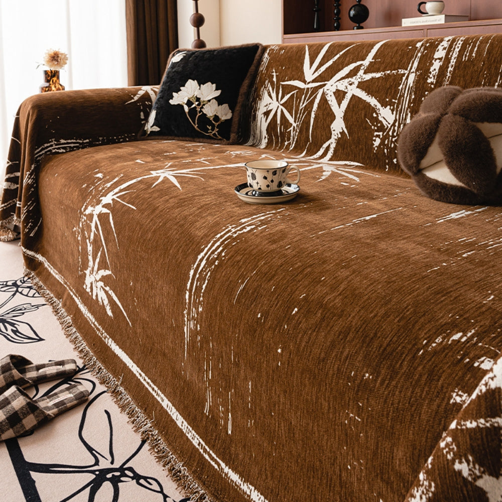 Bamboo Print Chenille Sofa Cover with Fringed Edges