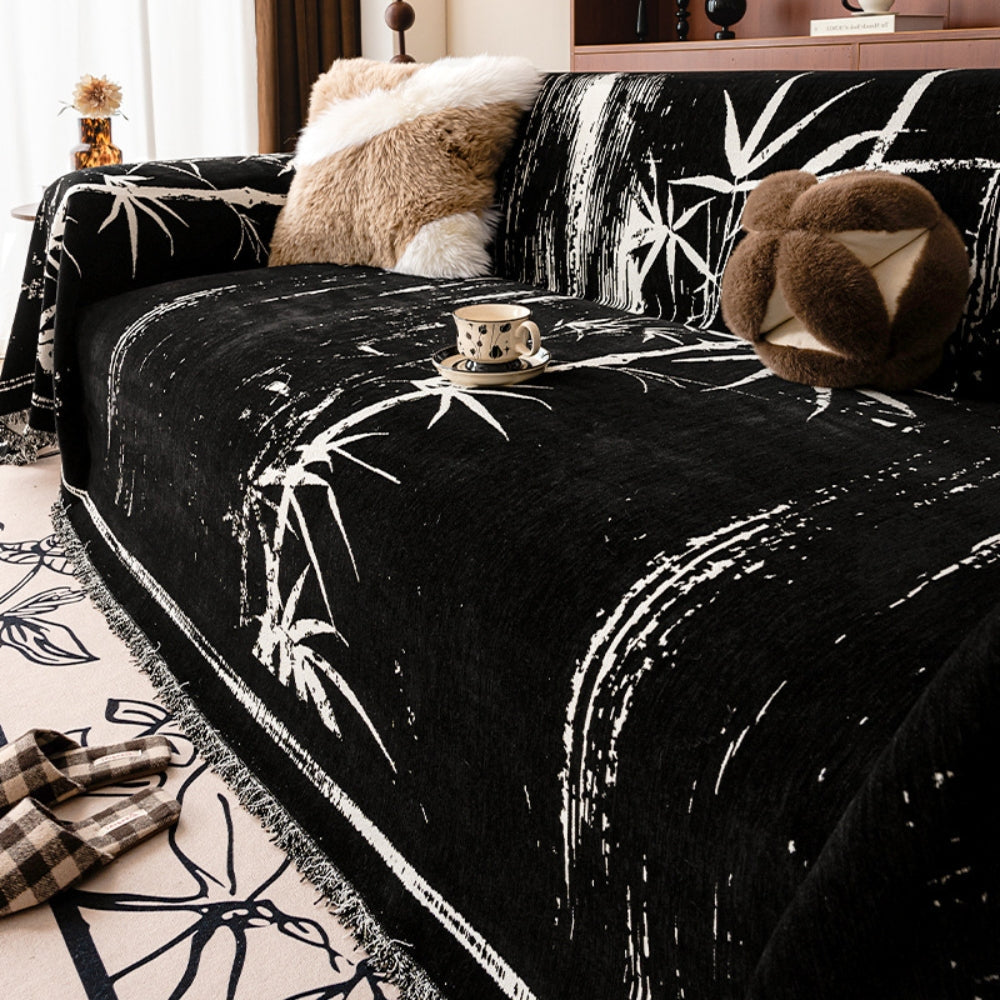 Bamboo Print Chenille Sofa Cover with Fringed Edges