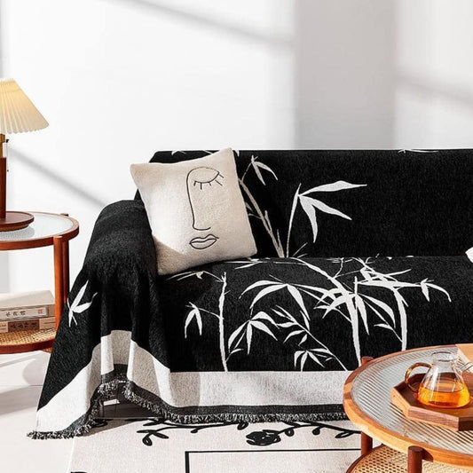 Bamboo Silhouette Chenille Sofa Cover with Fringed Edges