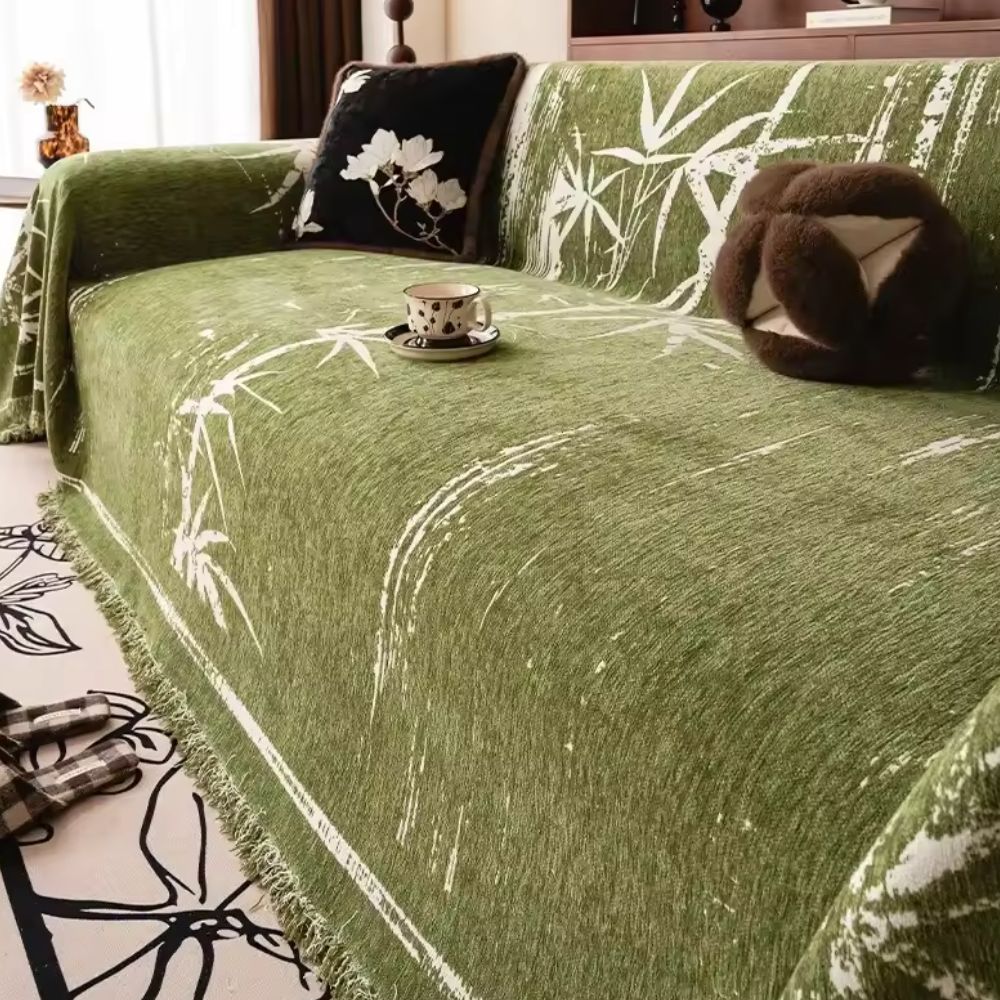 Bamboo Silhouette Chenille Sofa Cover with Fringed Edges