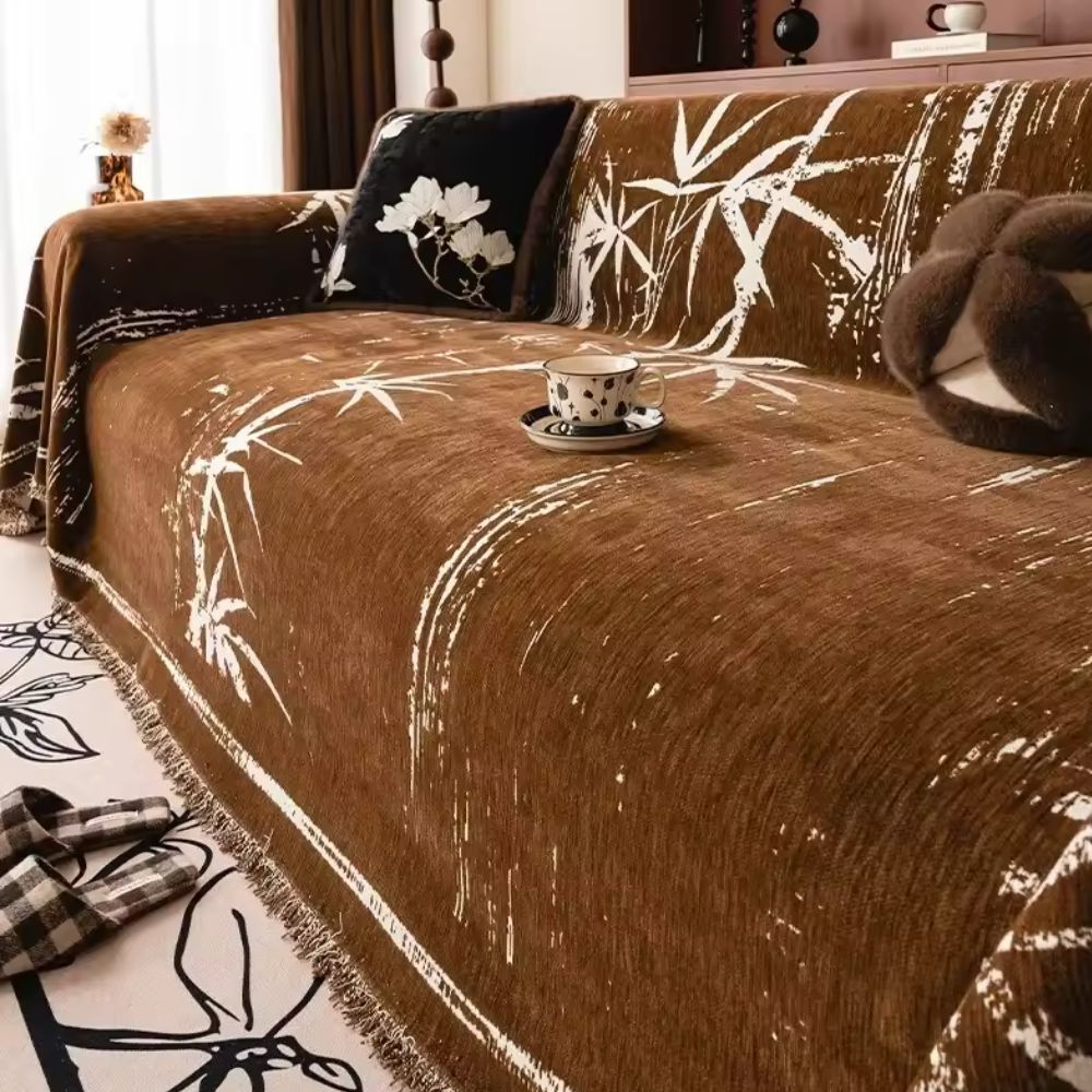 Bamboo Silhouette Chenille Sofa Cover with Fringed Edges