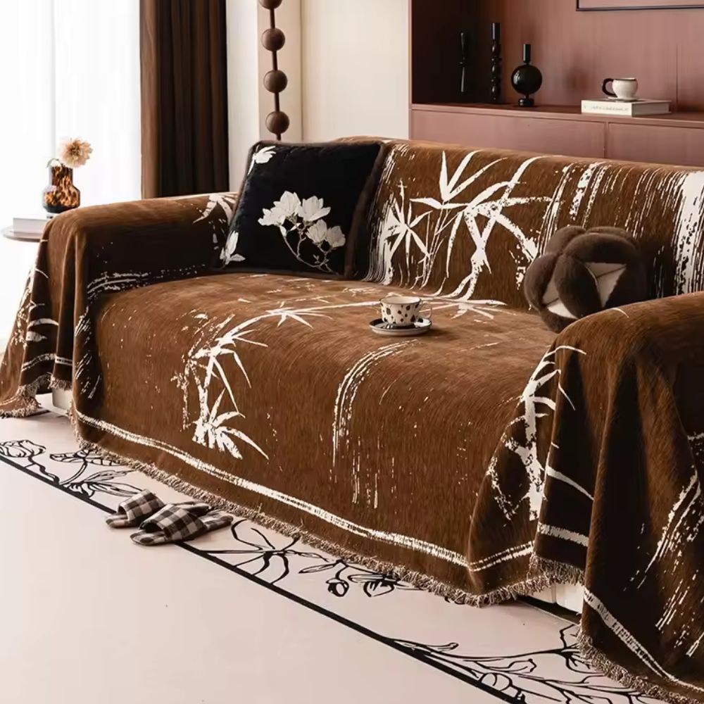 Bamboo Silhouette Chenille Sofa Cover with Fringed Edges