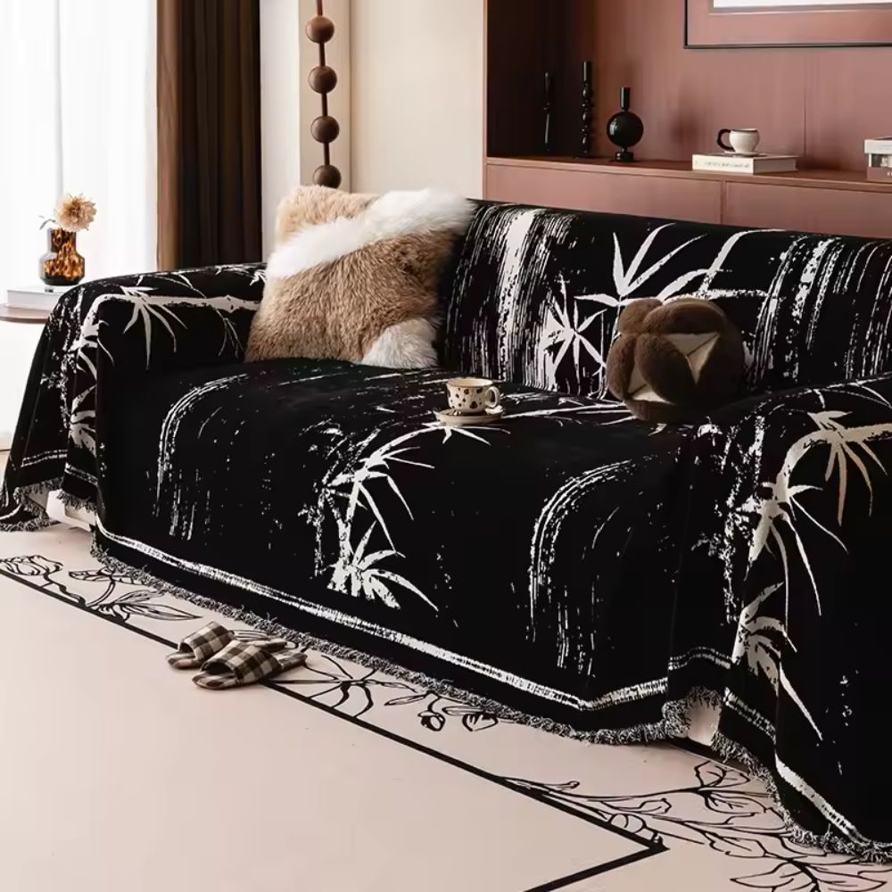 Bamboo Print Chenille Sofa Cover with Fringed Edges