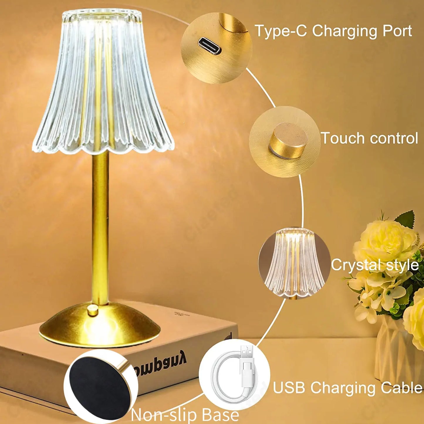 Chic Wireless Table Lamp with Crystal Design and 3-Way Dimming