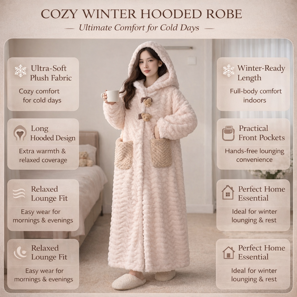 Hooded Long Sleeve Women's Winter Bathrobe with Pockets