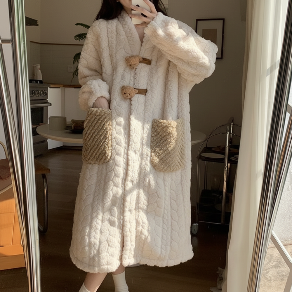 Hooded Long Sleeve Women's Winter Bathrobe with Pockets
