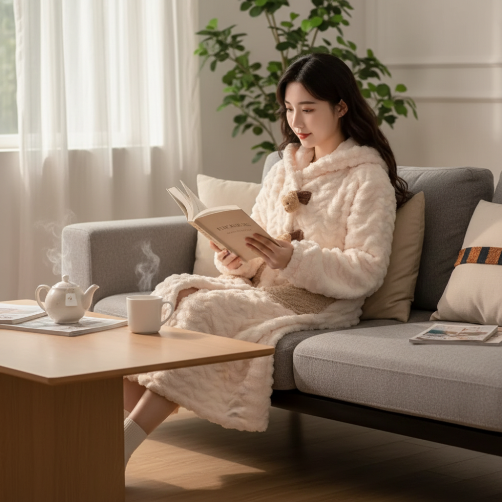 Hooded Long Sleeve Women's Winter Bathrobe with Pockets