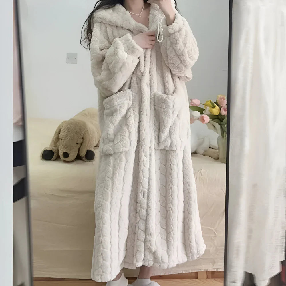 Hooded Long Sleeve Women's Winter Bathrobe with Pockets