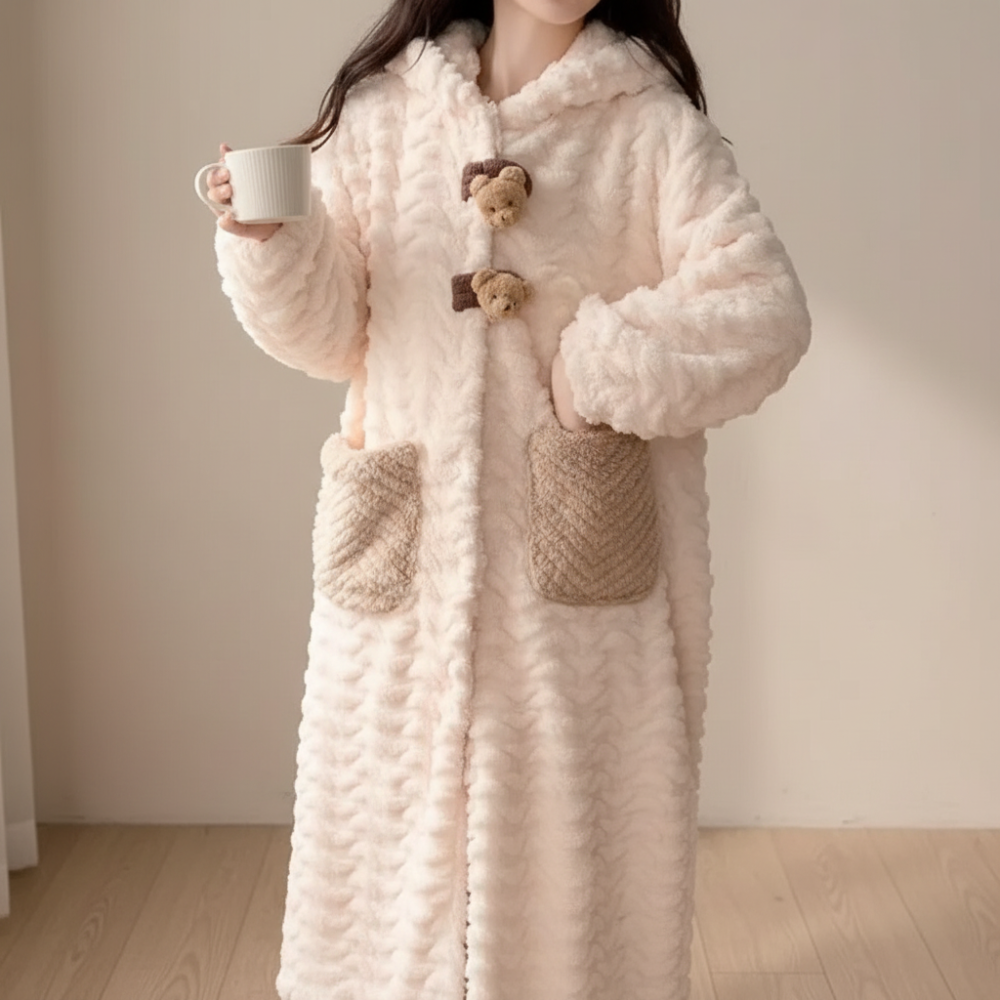 Hooded Long Sleeve Women's Winter Bathrobe with Pockets