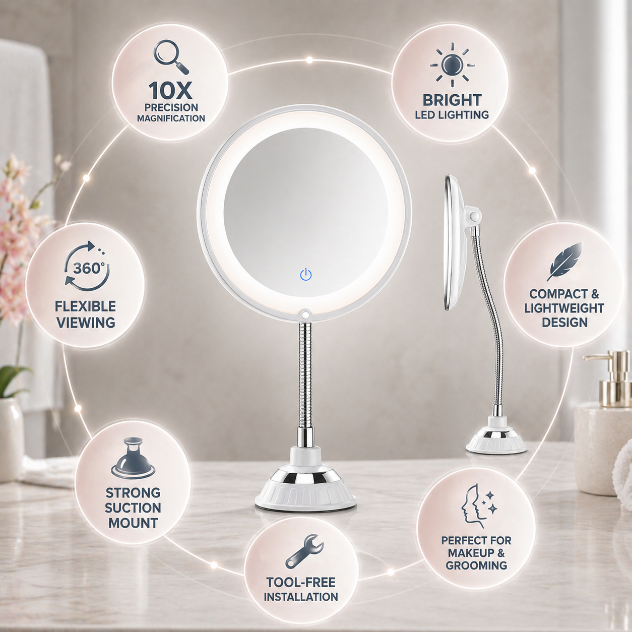 LED Magnifying Bathroom Mirror with Flexible Arm and Suction Mount