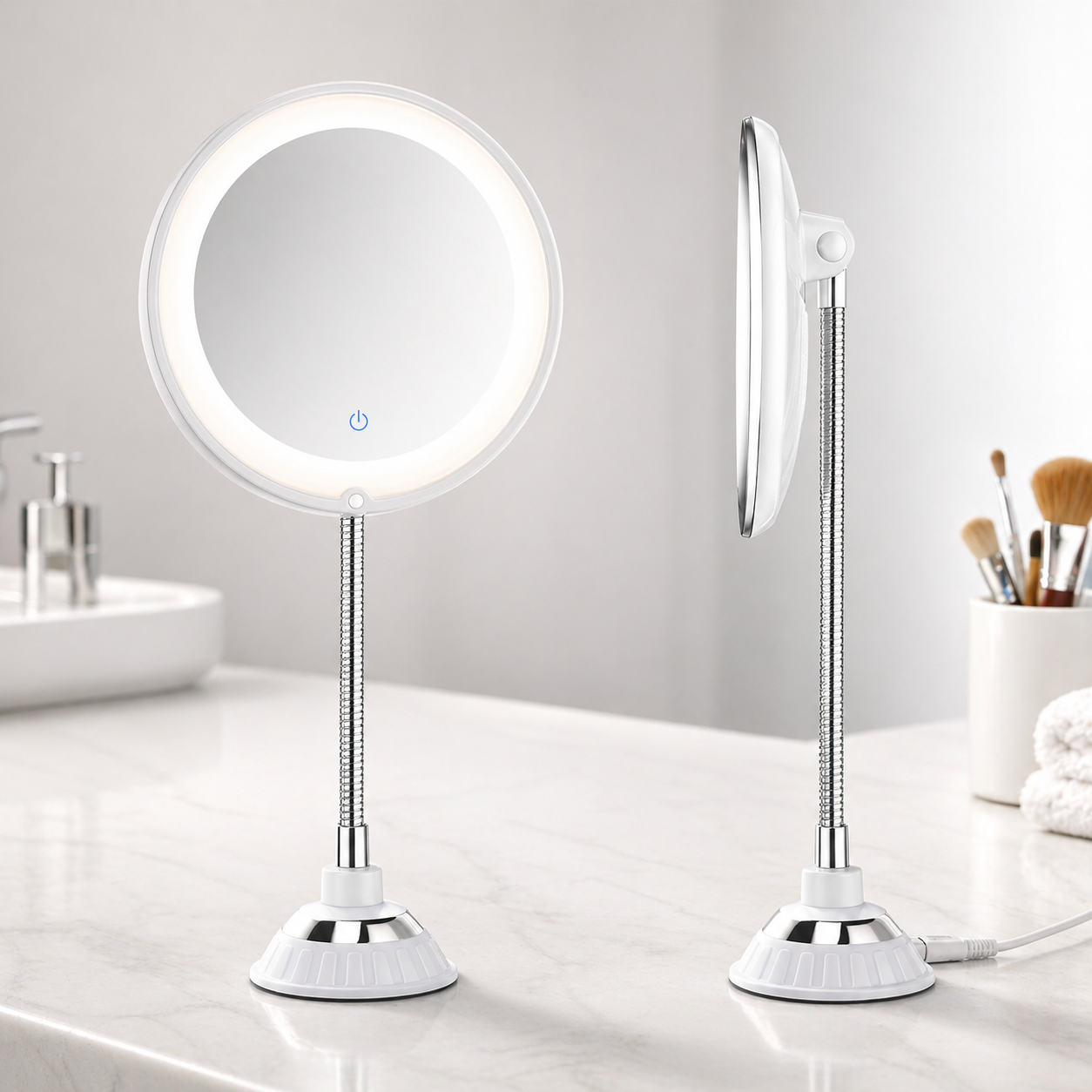 LED Magnifying Bathroom Mirror with Flexible Arm and Suction Mount