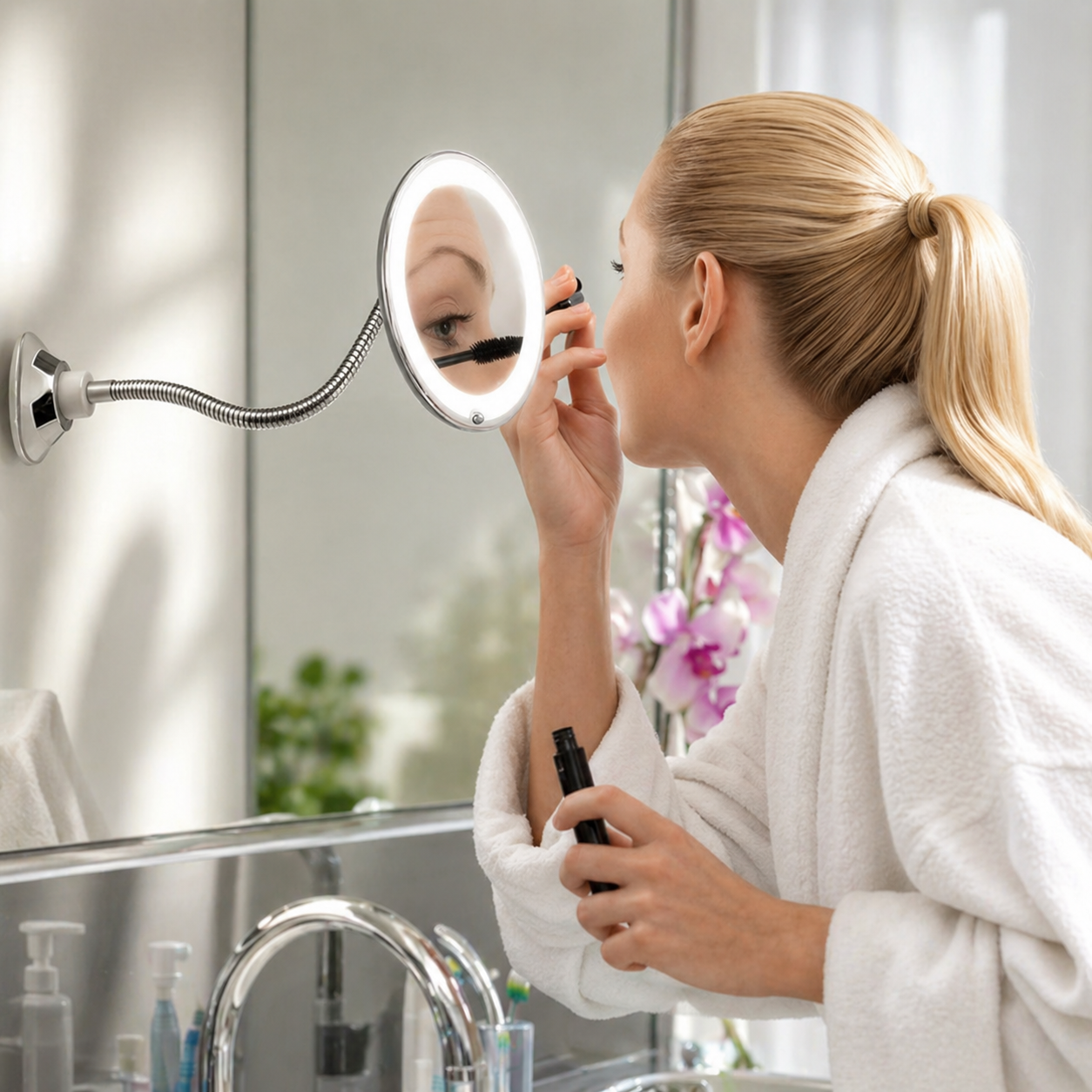 LED Magnifying Bathroom Mirror with Flexible Arm and Suction Mount