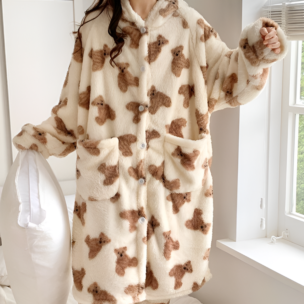 Hooded Long Sleeve Women's Winter Bathrobe with Pockets