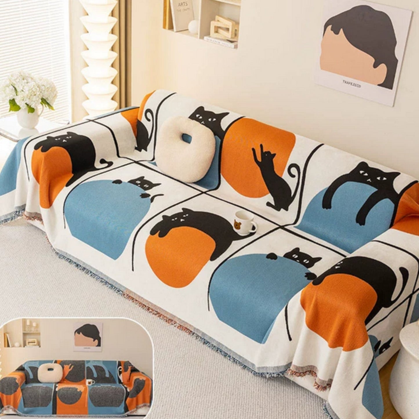 Woven Cat Print Sofa Cover in Ultra-Soft Chenille