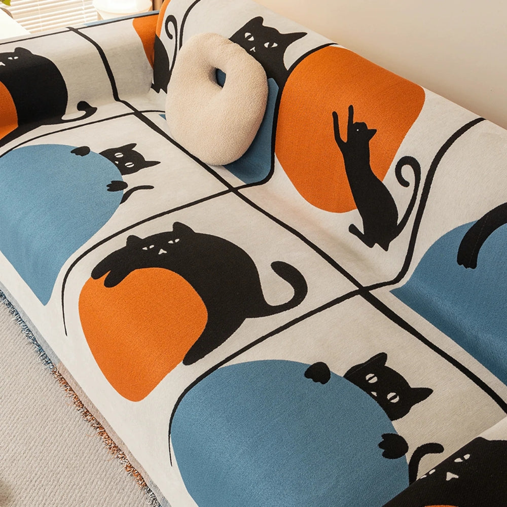 Woven Cat Print Sofa Cover in Ultra-Soft Chenille